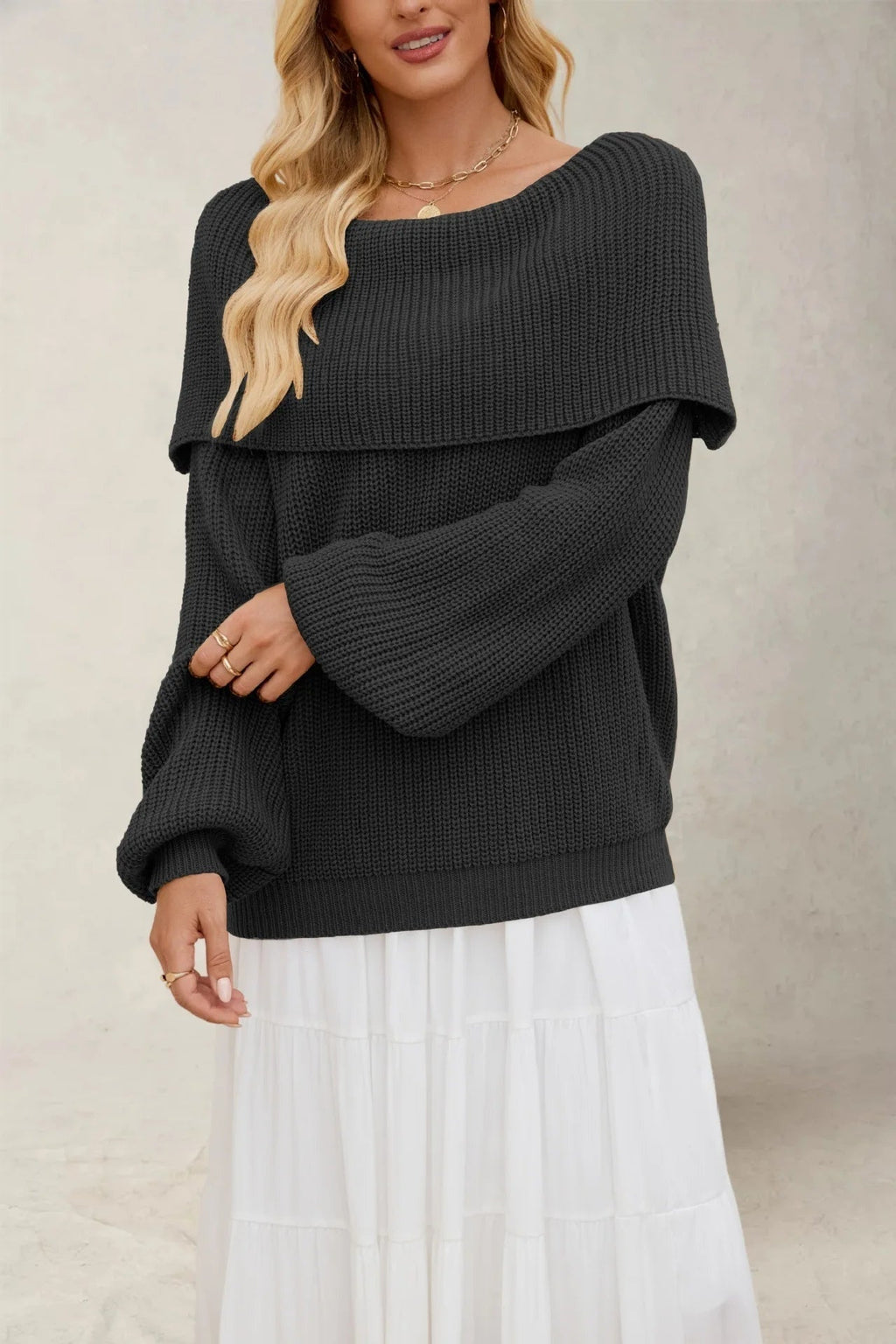 Women's Slouchy Off-Shoulder Sweater – Wide Neck Relaxed Long Sleeve Pullover