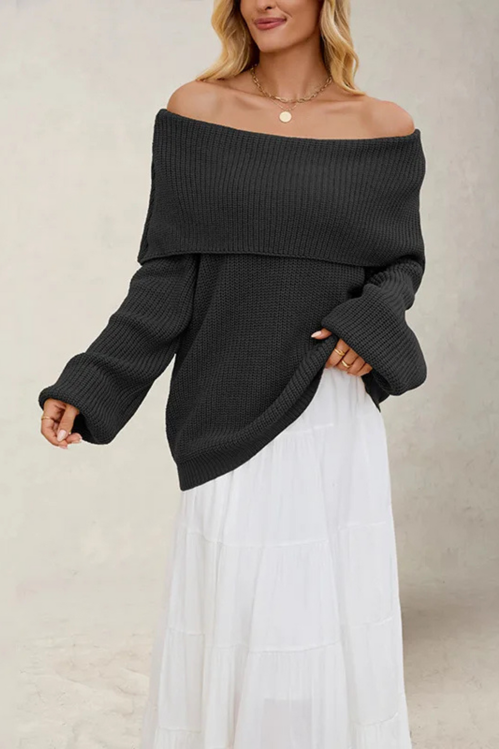 Women's Slouchy Off-Shoulder Sweater – Wide Neck Relaxed Long Sleeve Pullover