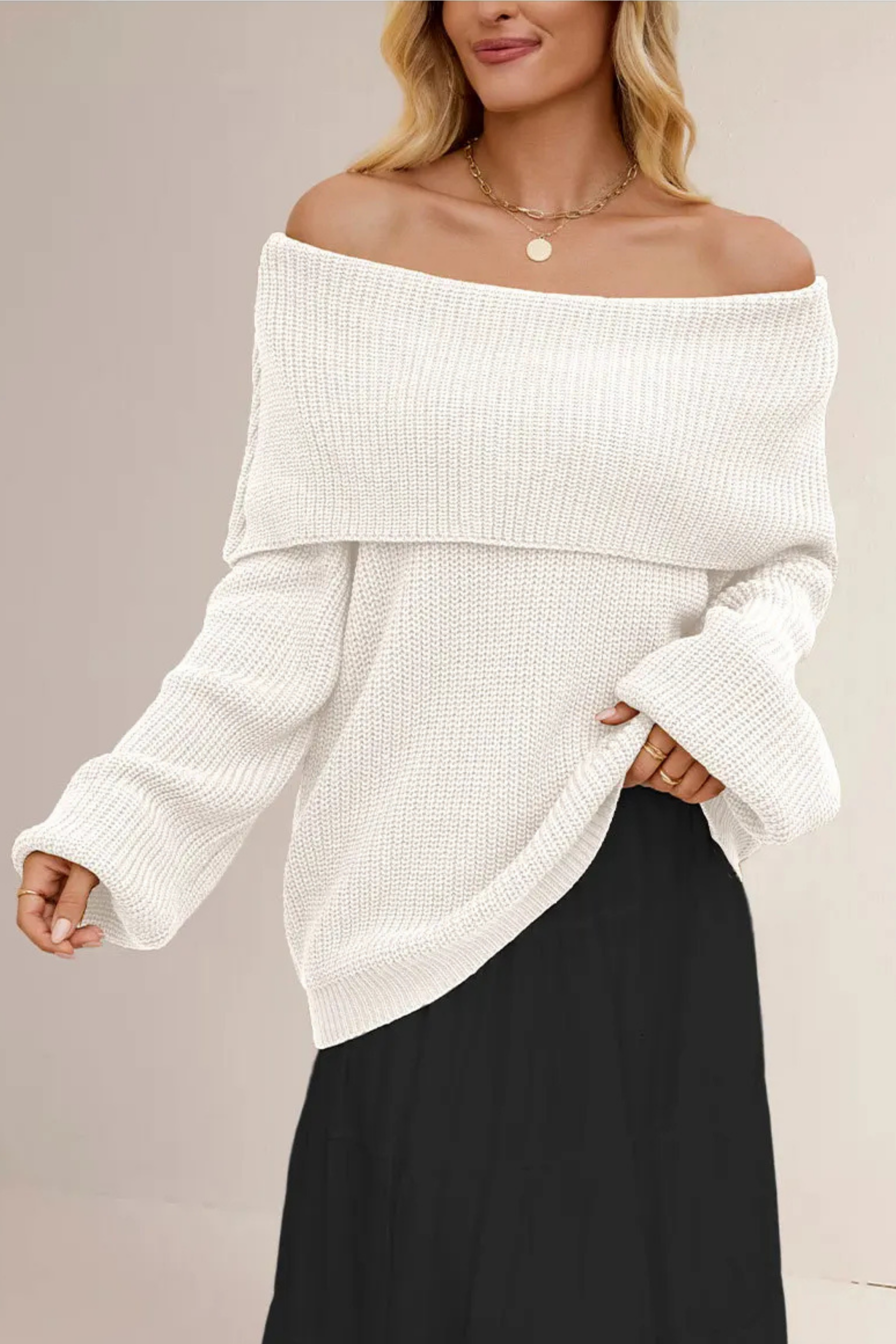 Women's Slouchy Off-Shoulder Sweater – Wide Neck Relaxed Long Sleeve Pullover