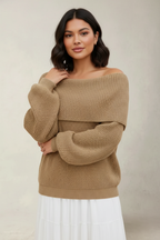 Women's Slouchy Off-Shoulder Sweater – Wide Neck Relaxed Long Sleeve Pullover