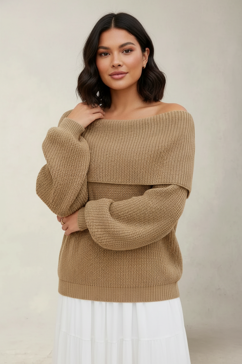 Women's Slouchy Off-Shoulder Sweater – Wide Neck Relaxed Long Sleeve Pullover