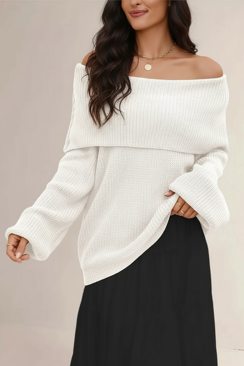 Women's Slouchy Off-Shoulder Sweater – Wide Neck Relaxed Long Sleeve Pullover