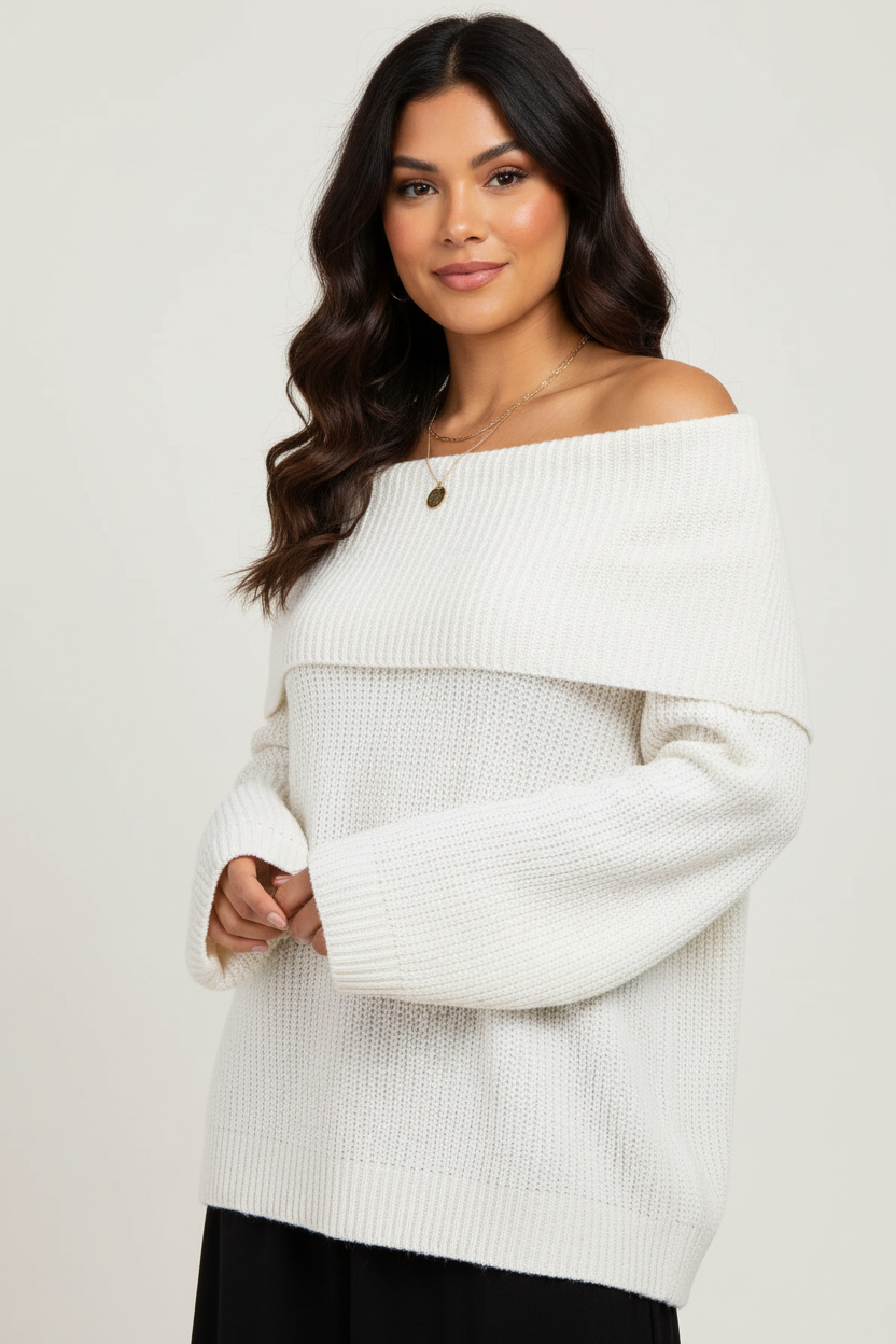 Women's Slouchy Off-Shoulder Sweater – Wide Neck Relaxed Long Sleeve Pullover