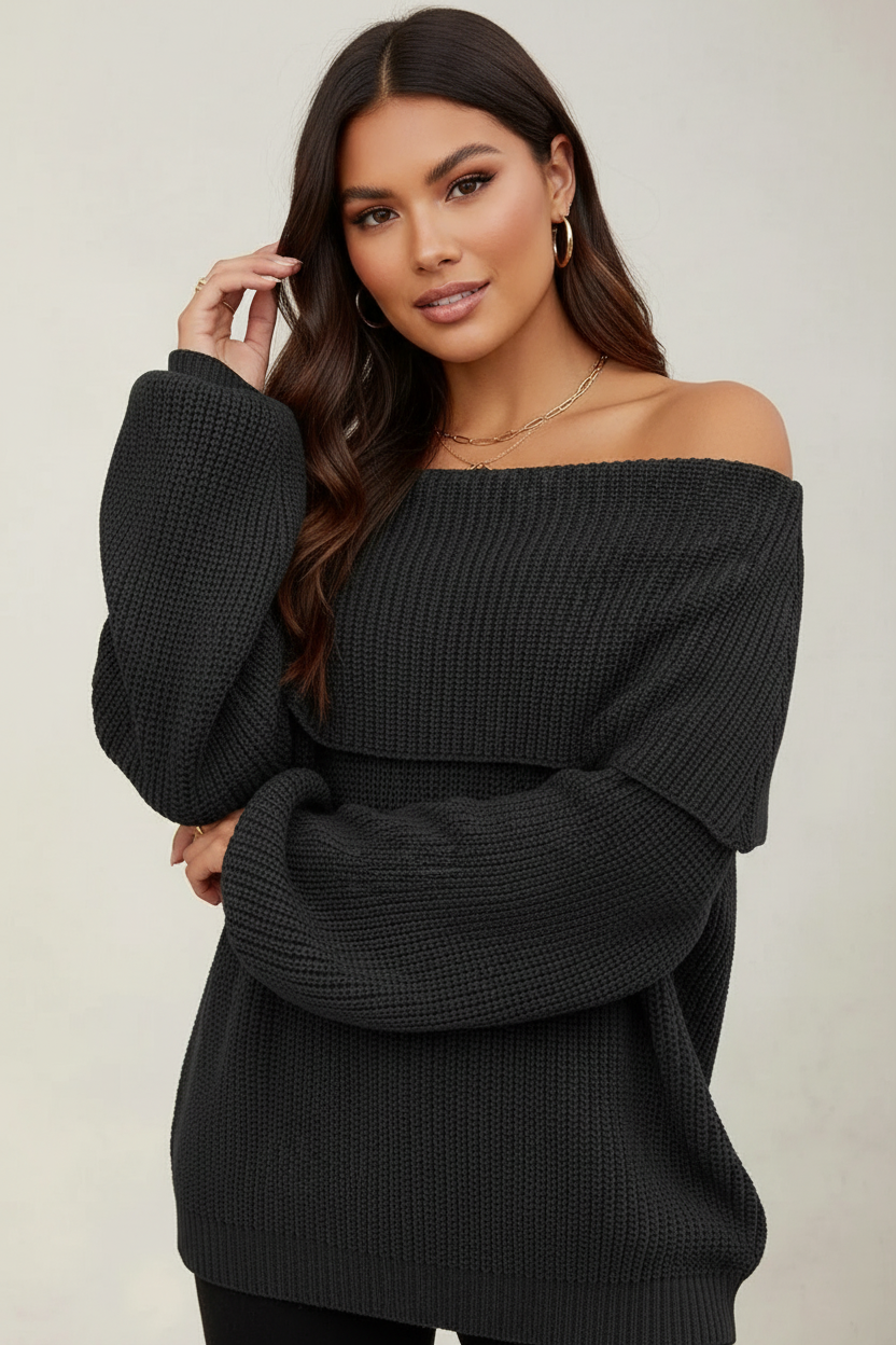 Women's Slouchy Off-Shoulder Sweater – Wide Neck Relaxed Long Sleeve Pullover