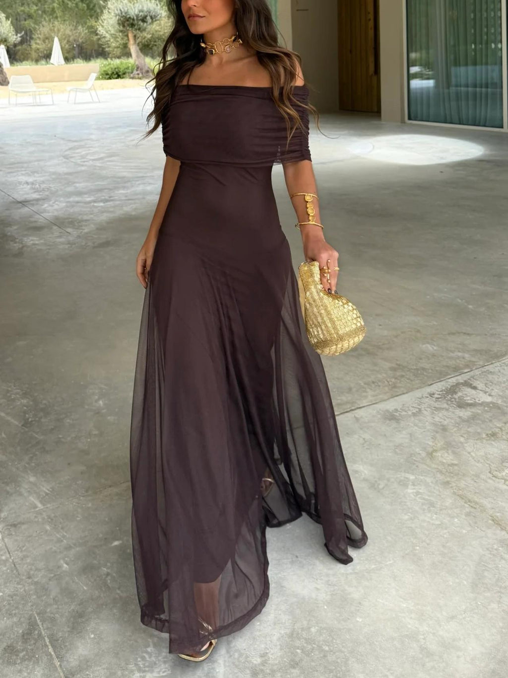 Women's Draped Maxi Dress – Shimmer Flowy Evening Dress