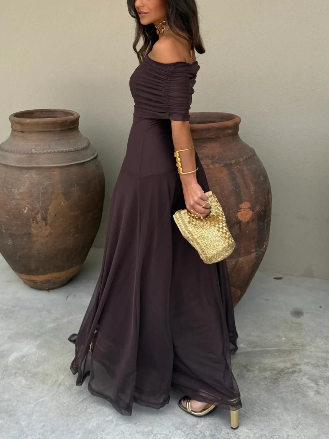 Women's Draped Maxi Dress – Shimmer Flowy Evening Dress