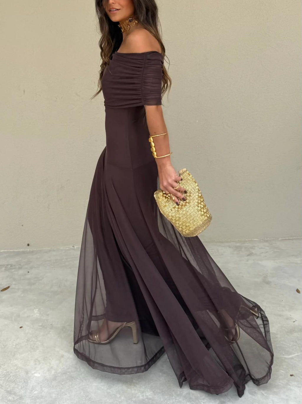 Women's Draped Maxi Dress – Shimmer Flowy Evening Dress