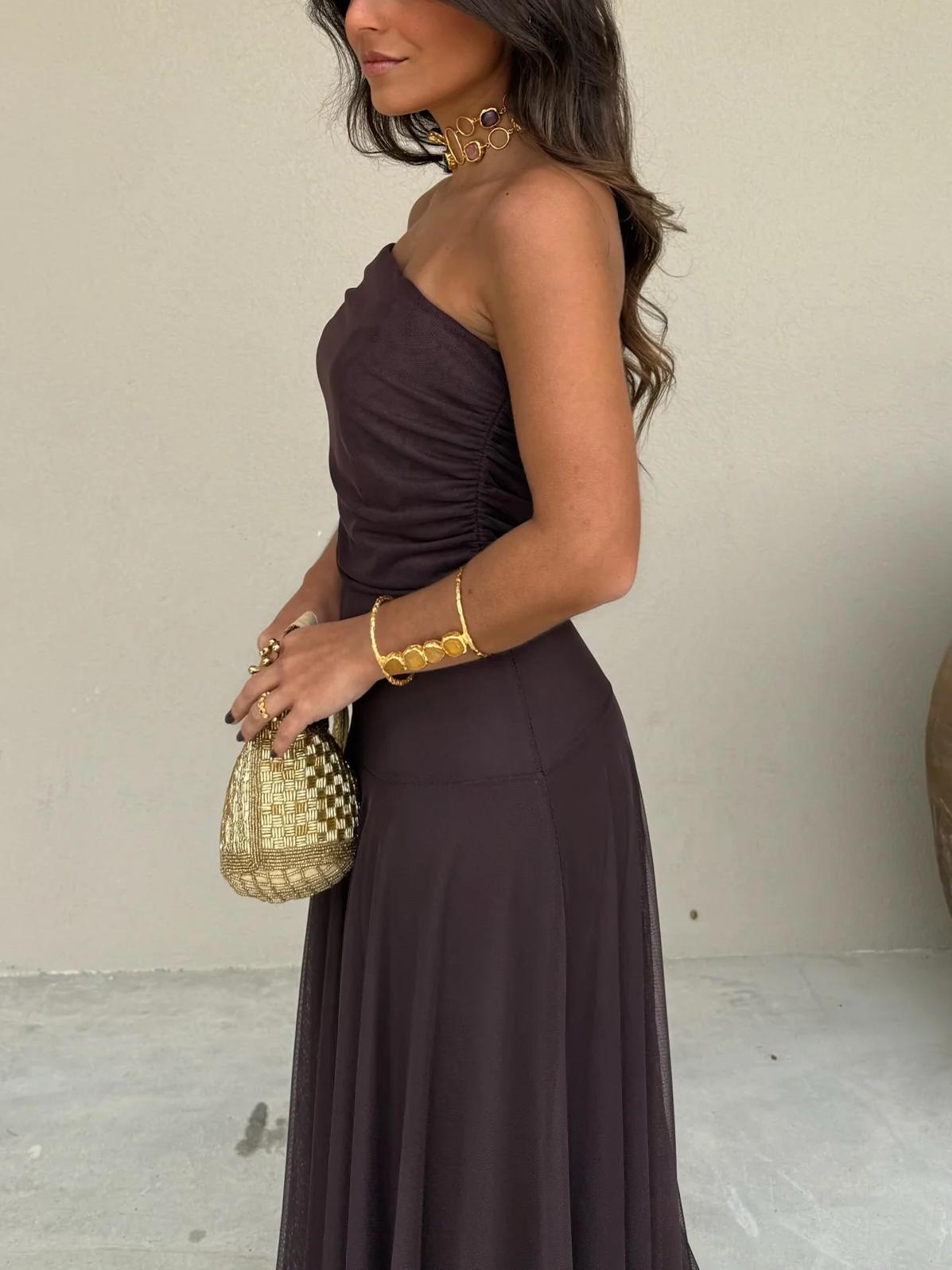 Women's Draped Maxi Dress – Shimmer Flowy Evening Dress