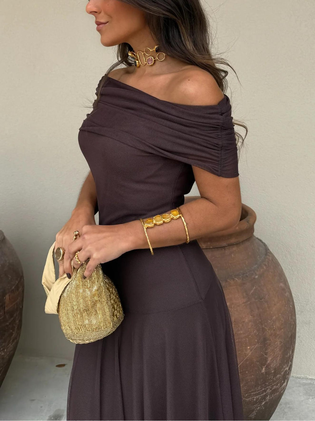Women's Draped Maxi Dress – Shimmer Flowy Evening Dress