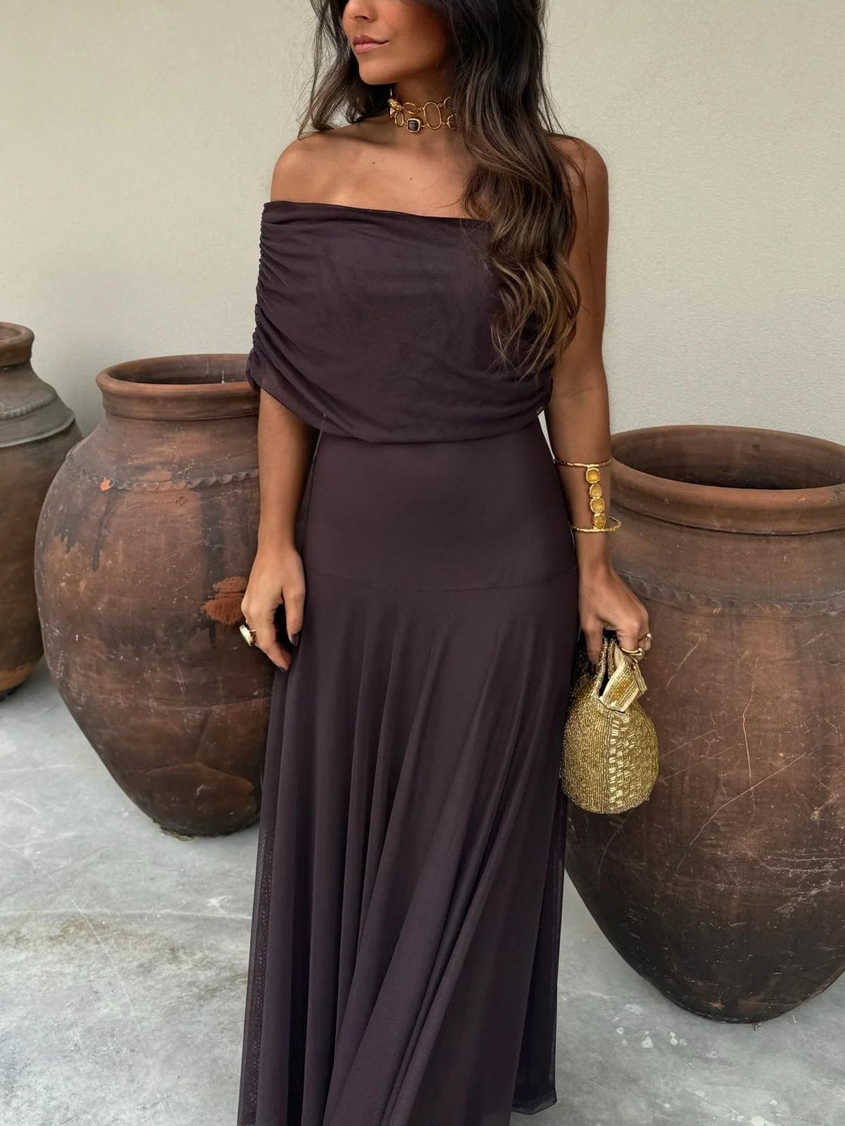 Women's Draped Maxi Dress – Shimmer Flowy Evening Dress