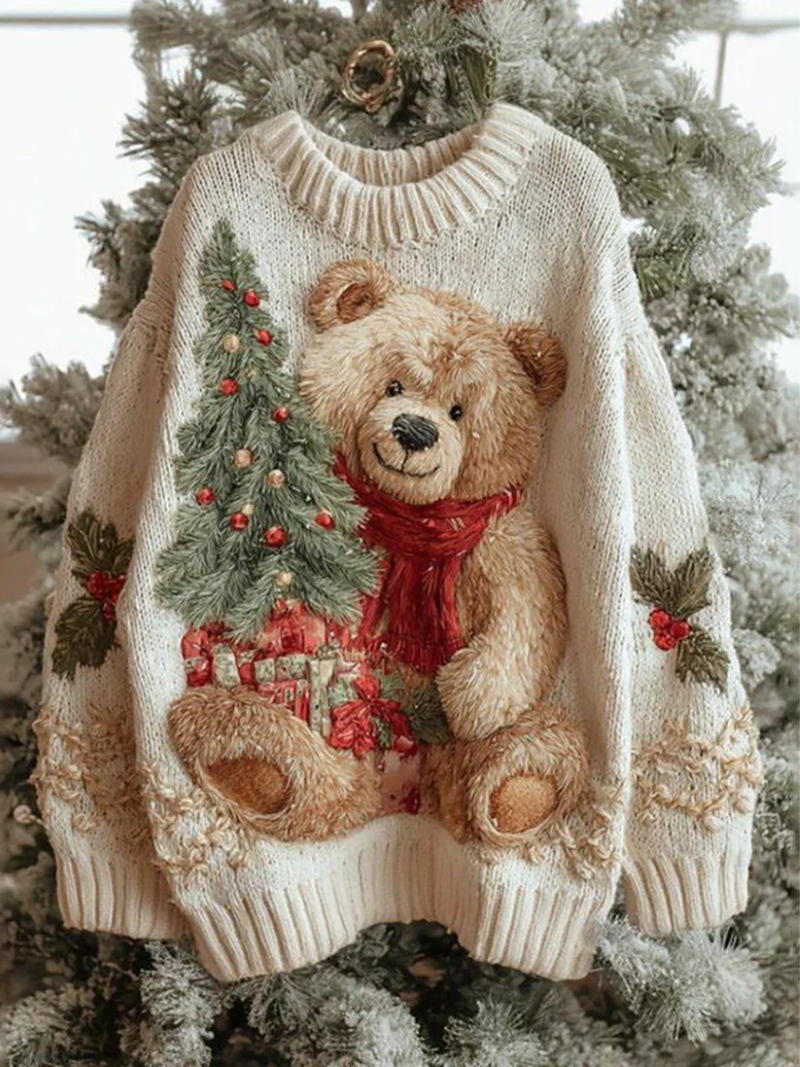 Women's Teddy Bear Christmas Sweater – Festive Crew Neck Holiday Pullover