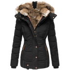 Women's Faux Fur Lined Coat – Stand Collar Button Front Winter Jacket