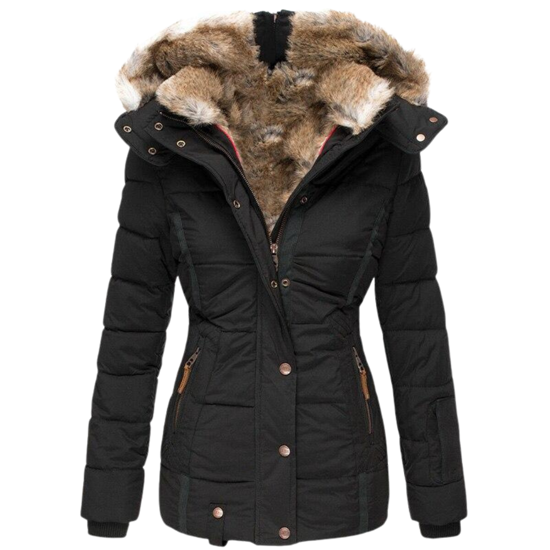 Women's Faux Fur Lined Coat – Stand Collar Button Front Winter Jacket