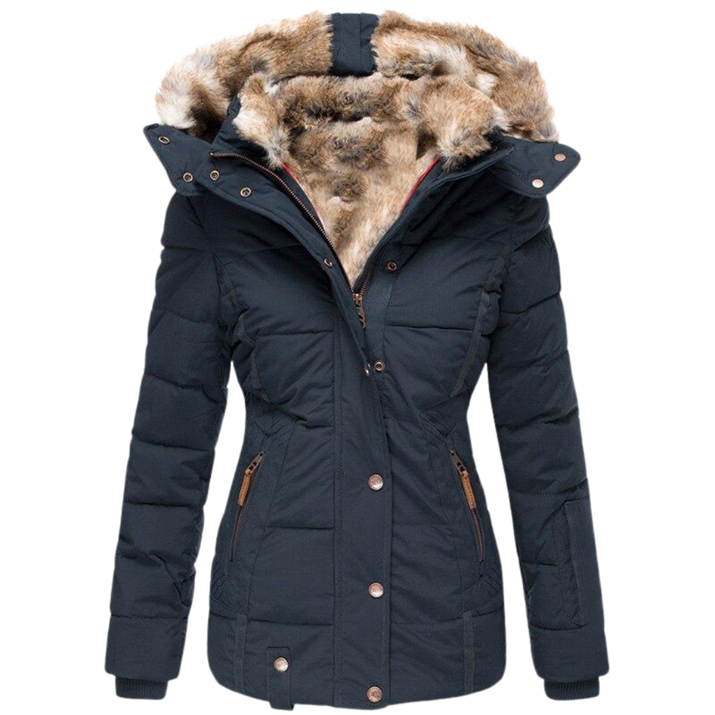 Women's Faux Fur Lined Coat – Stand Collar Button Front Winter Jacket