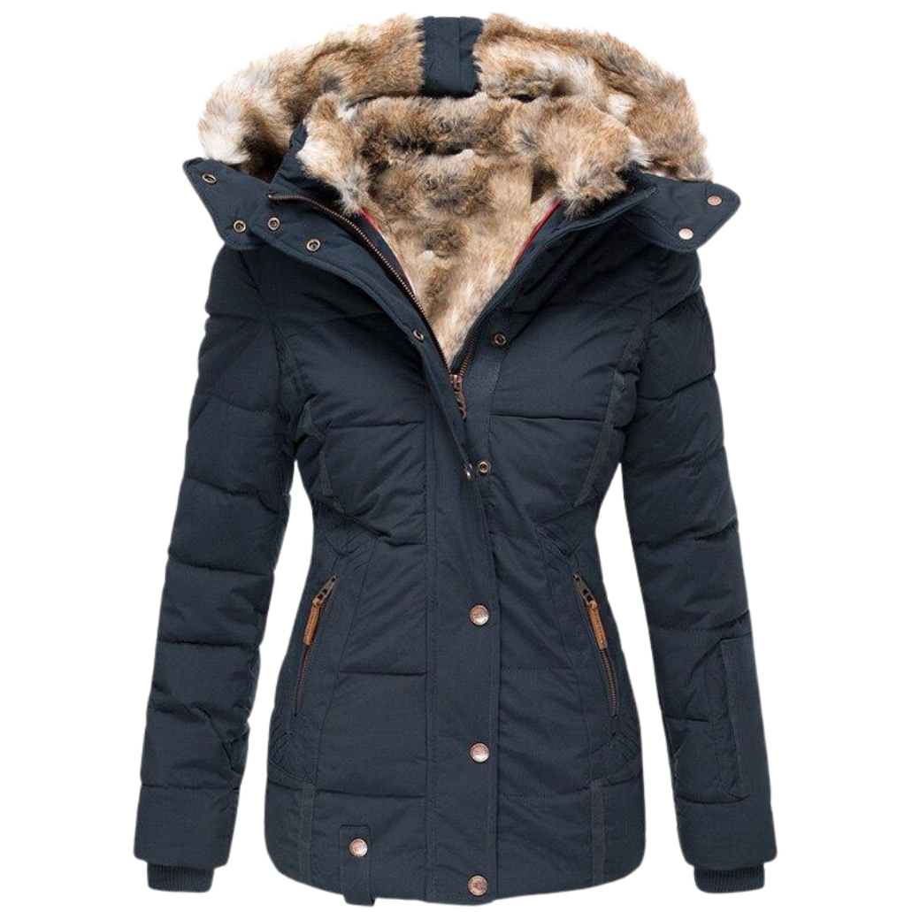 Women's Faux Fur Lined Coat – Stand Collar Button Front Winter Jacket