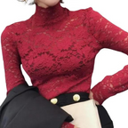 Women's High Neck Lace Blouse – Long Sleeve Fitted Evening Blouse