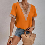 Women's Split Lace Blouse – V-Neck Long Sleeve Lace Panel Blouse