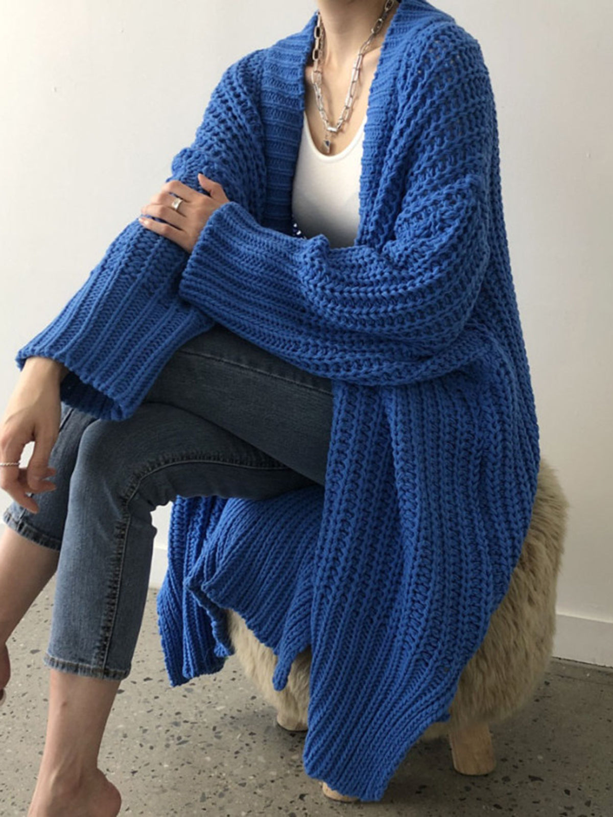 Women's Long Open Front Cardigan – Oversized Textured Knit Layering Cardigan