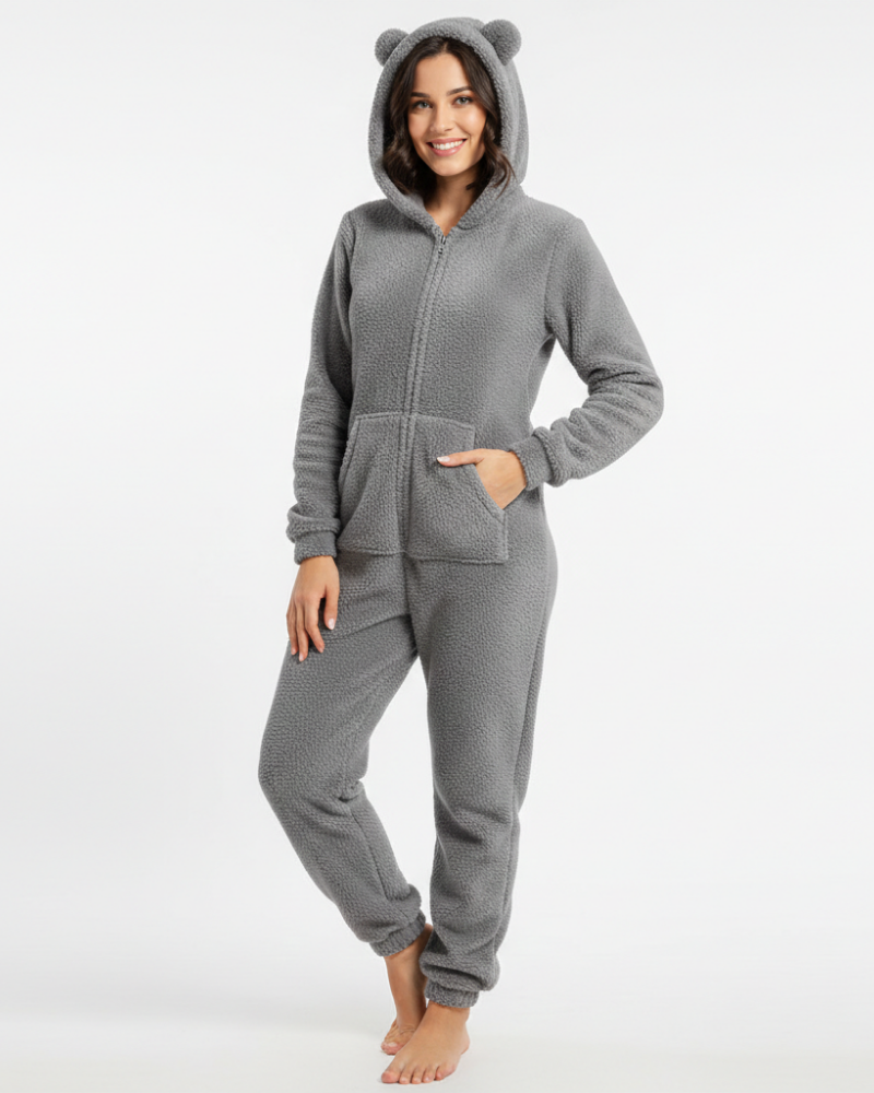 Women's Hooded Jumpsuit – Fleece Comfort Jumpsuit – Ellie