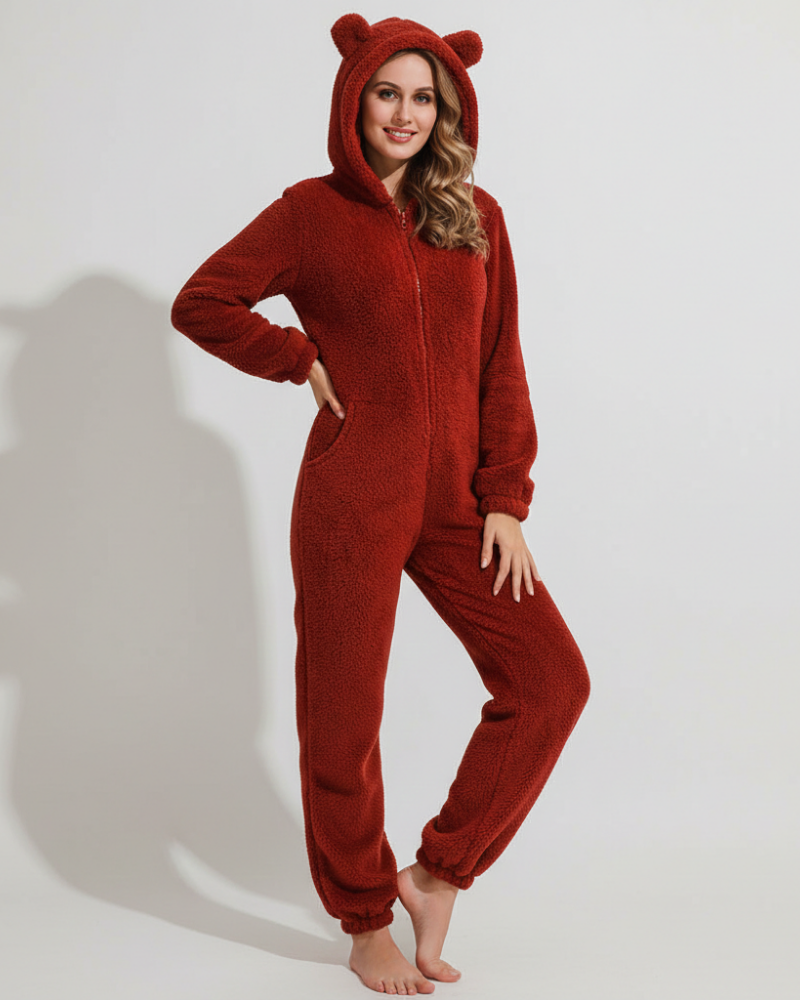 Women's Hooded Jumpsuit – Fleece Comfort Jumpsuit – Ellie