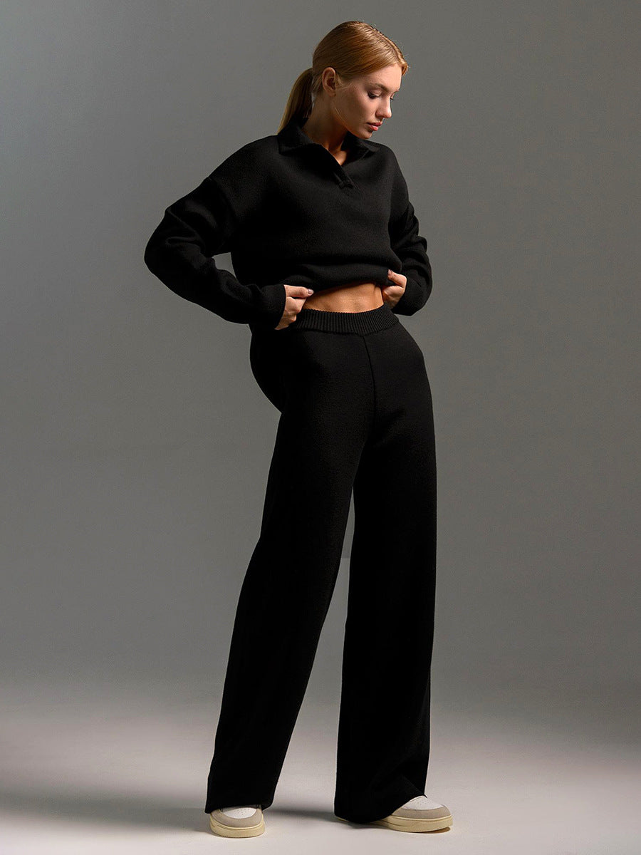 Women's Oversized Polo Sweater Set – Collared Sweater Wide Leg Pants Set