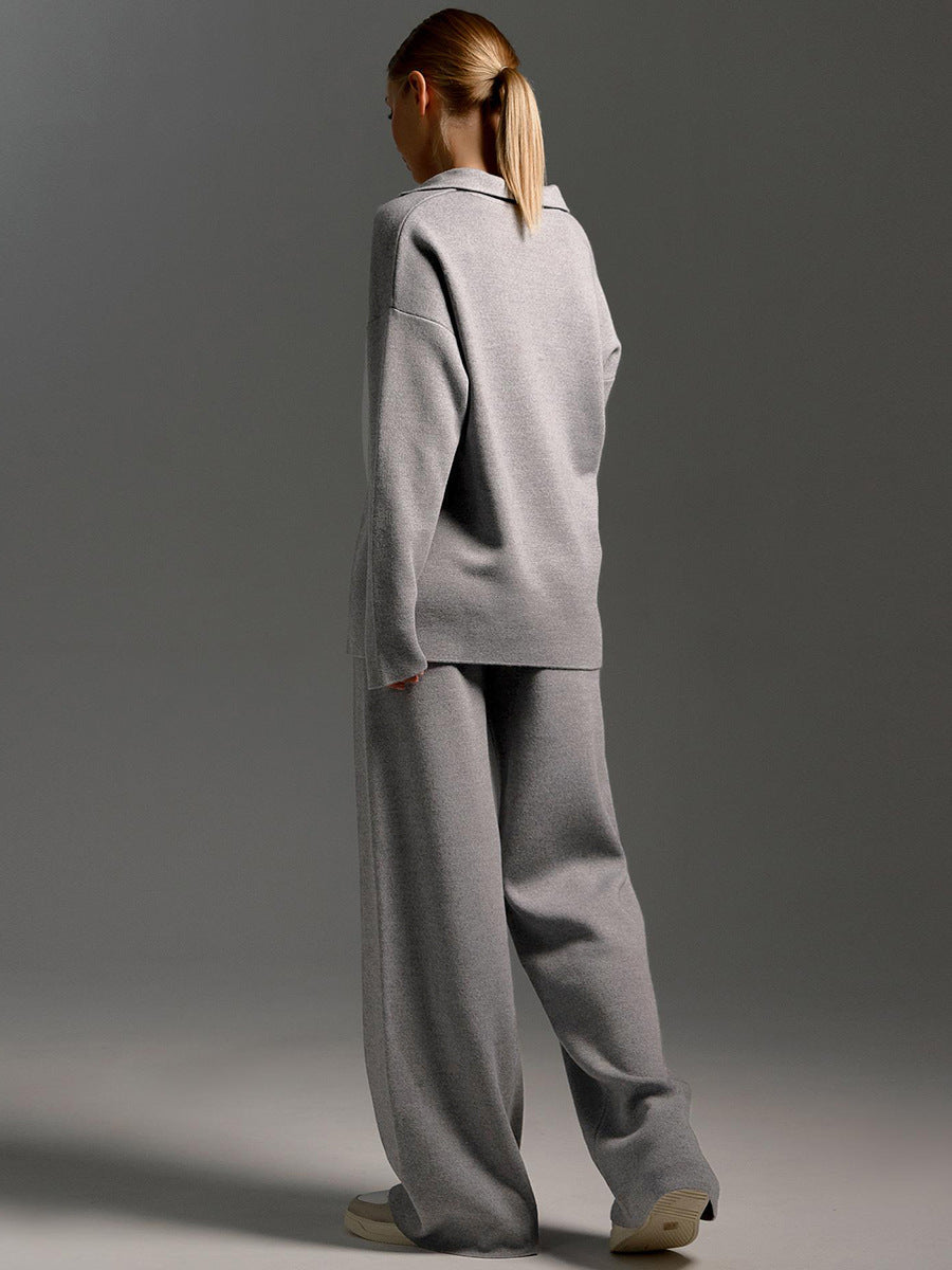 Women's Oversized Polo Sweater Set – Collared Sweater Wide Leg Pants Set