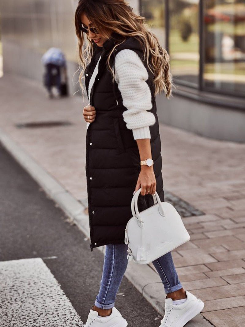 Women's Hooded Long Puffer Vest – Knee Length Quilted Zip-Up Vest