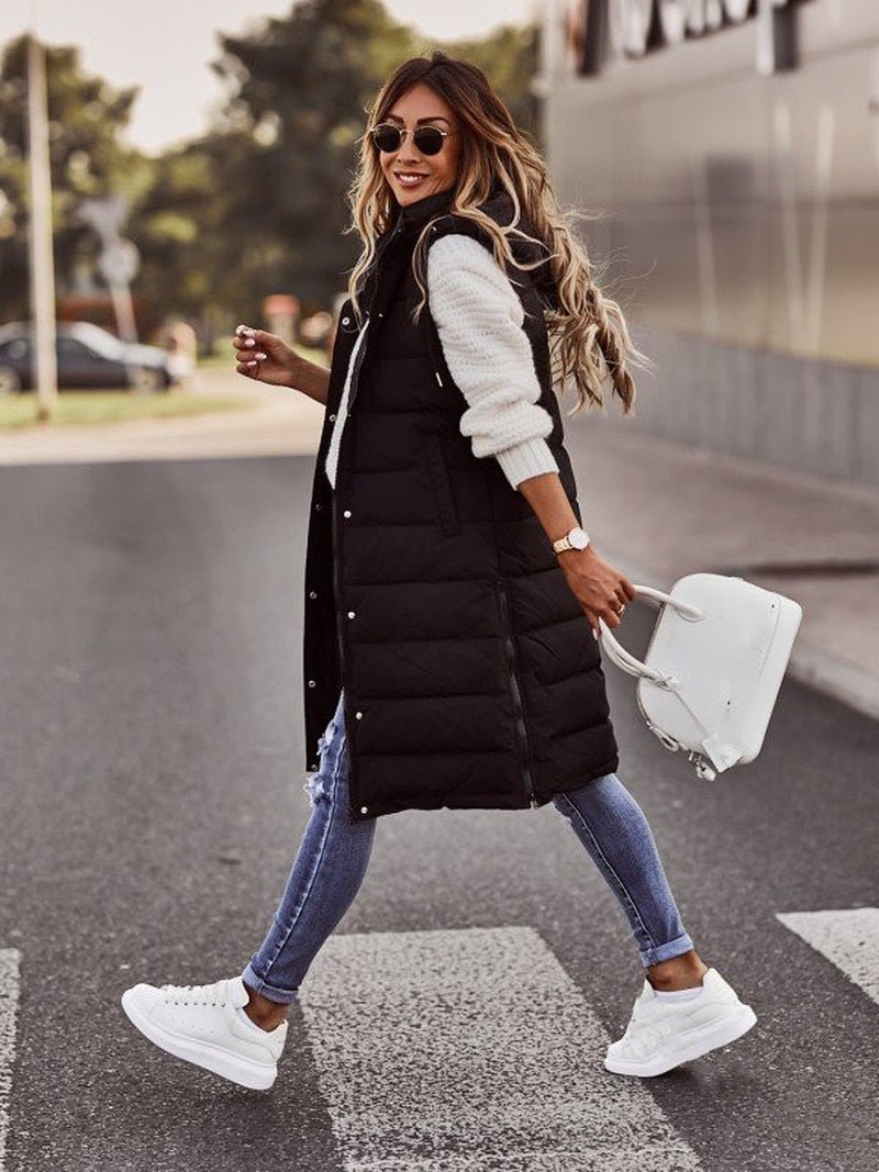 Women's Hooded Long Puffer Vest – Knee Length Quilted Zip-Up Vest