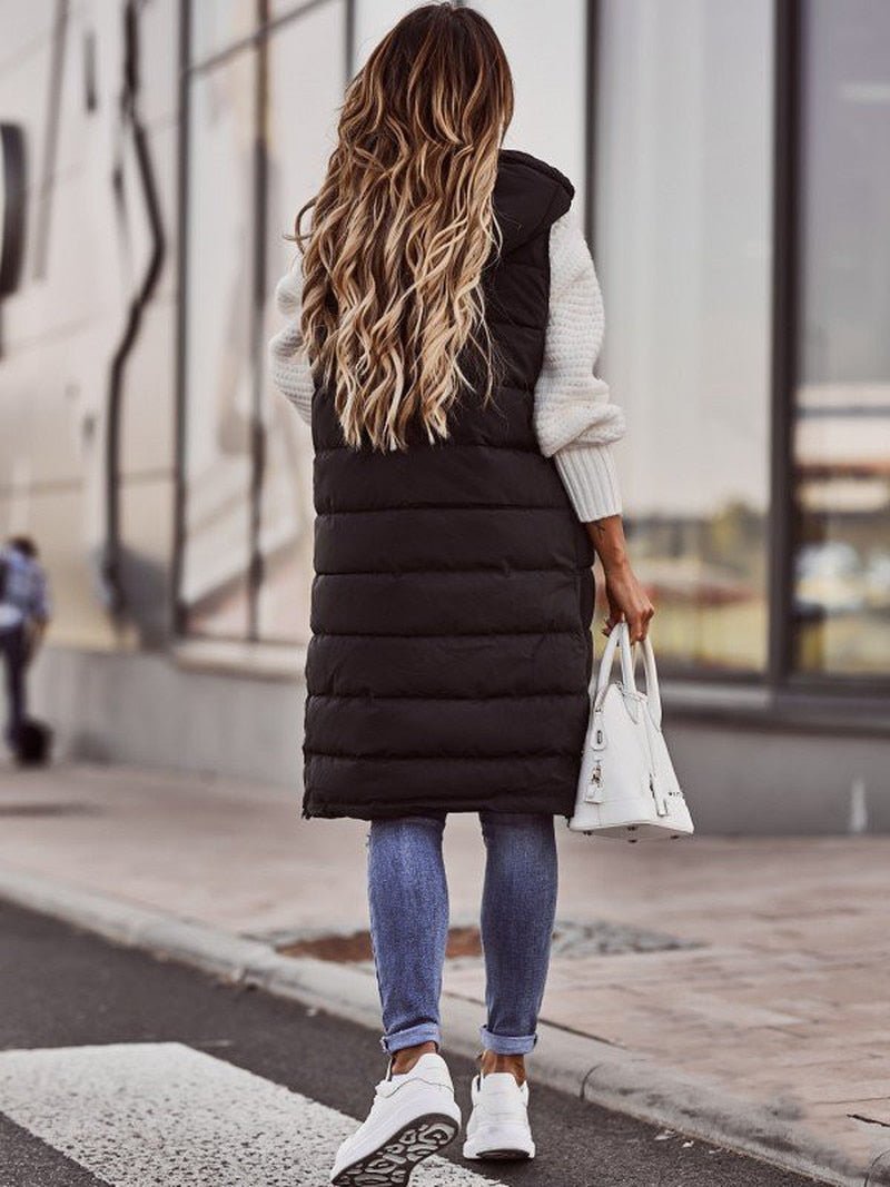 Women's Hooded Long Puffer Vest – Knee Length Quilted Zip-Up Vest