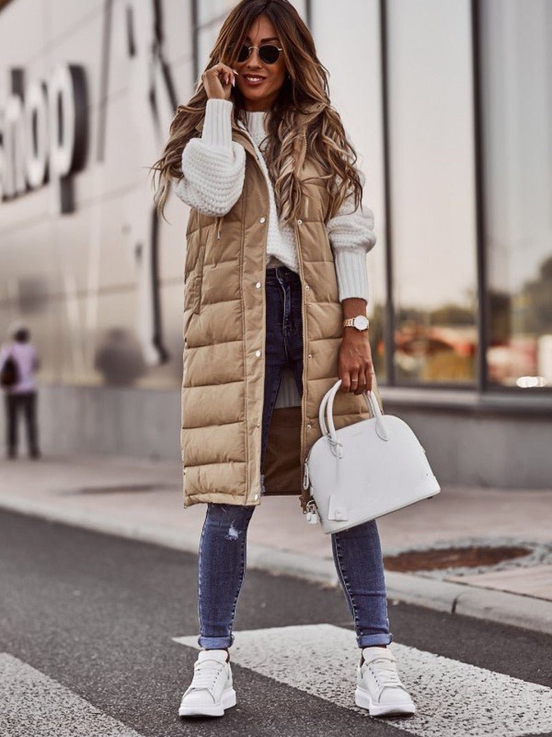 Women's Hooded Long Puffer Vest – Knee Length Quilted Zip-Up Vest