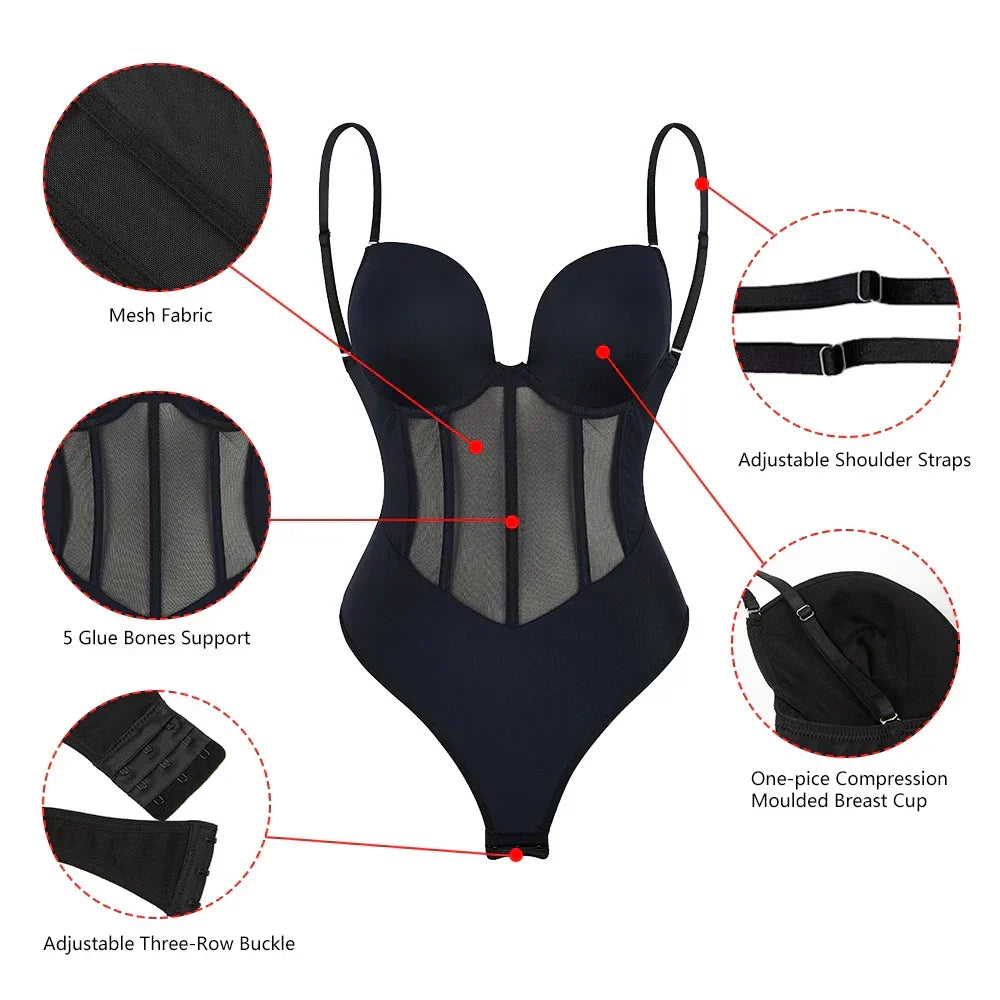 Women's Low Back Shaping Bodysuit – Mesh Corset Tummy Control Bodysuit