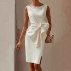 Women's Sleeveless Bow Wedding Guest Dress – Draped Formal Cocktail Dress