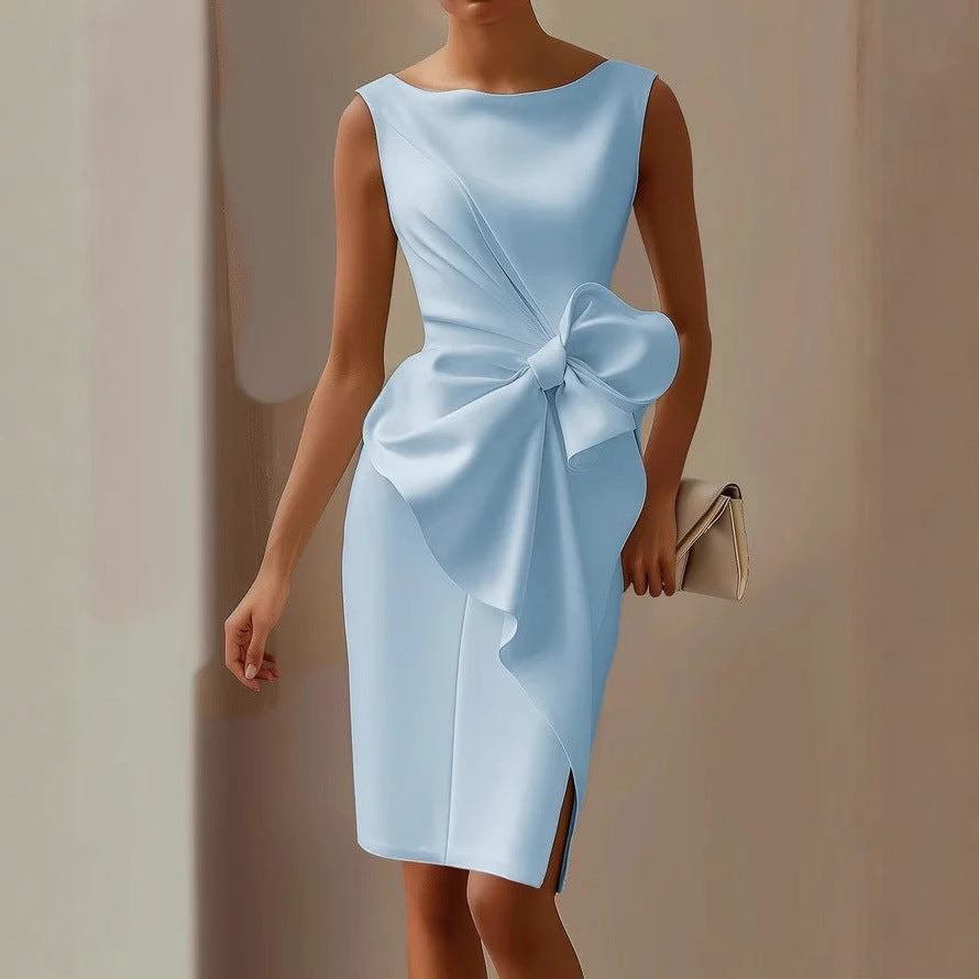 Women's Sleeveless Bow Wedding Guest Dress – Draped Formal Cocktail Dress
