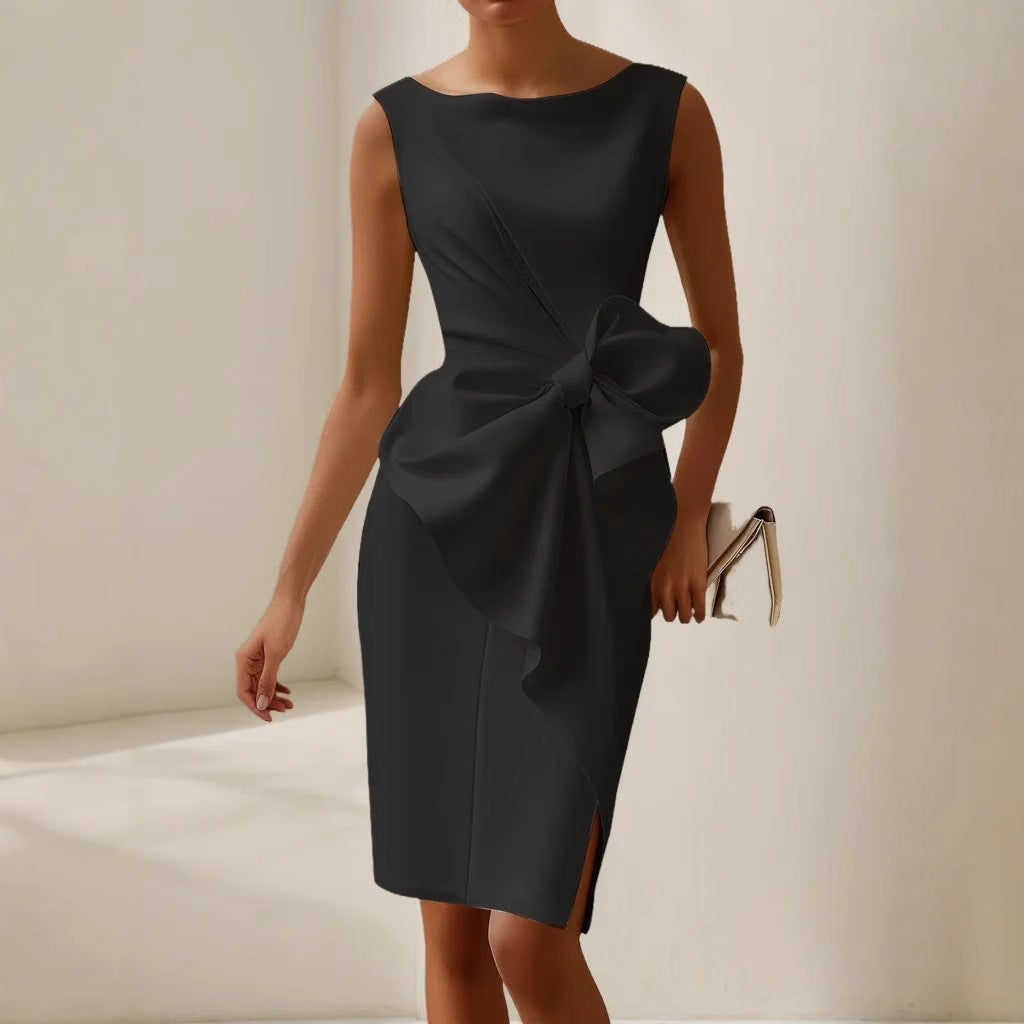 Women's Sleeveless Bow Wedding Guest Dress – Draped Formal Cocktail Dress