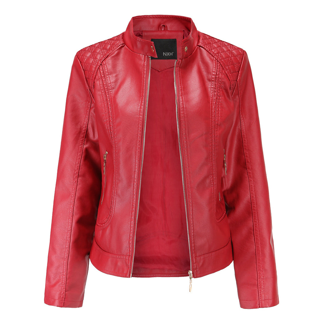 Women’s Chic Faux Leather Jacket – Stand Collar Zip-Up Style - Janiyah