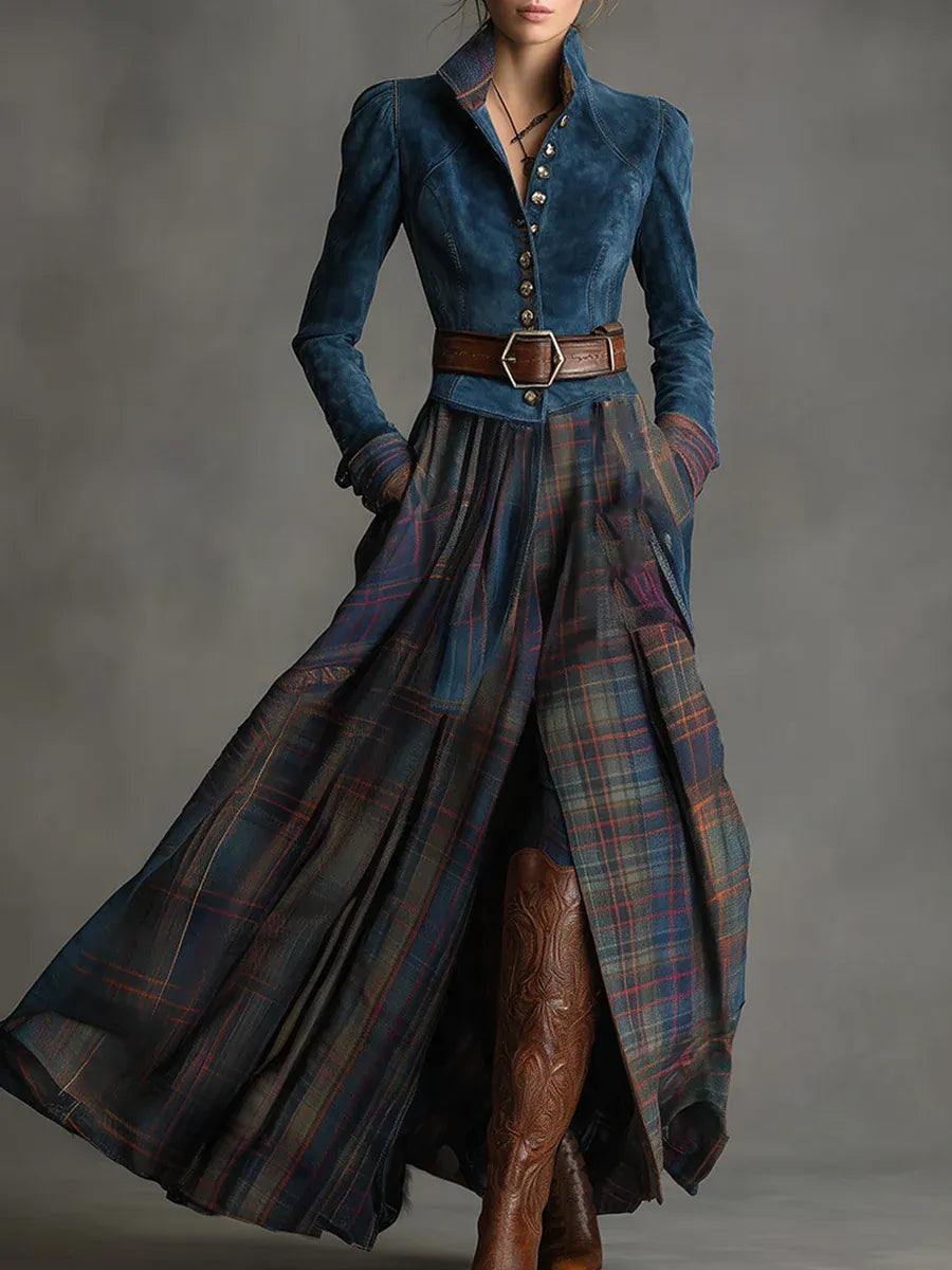 Women's Plaid Maxi Dress – Faux Suede Dress
