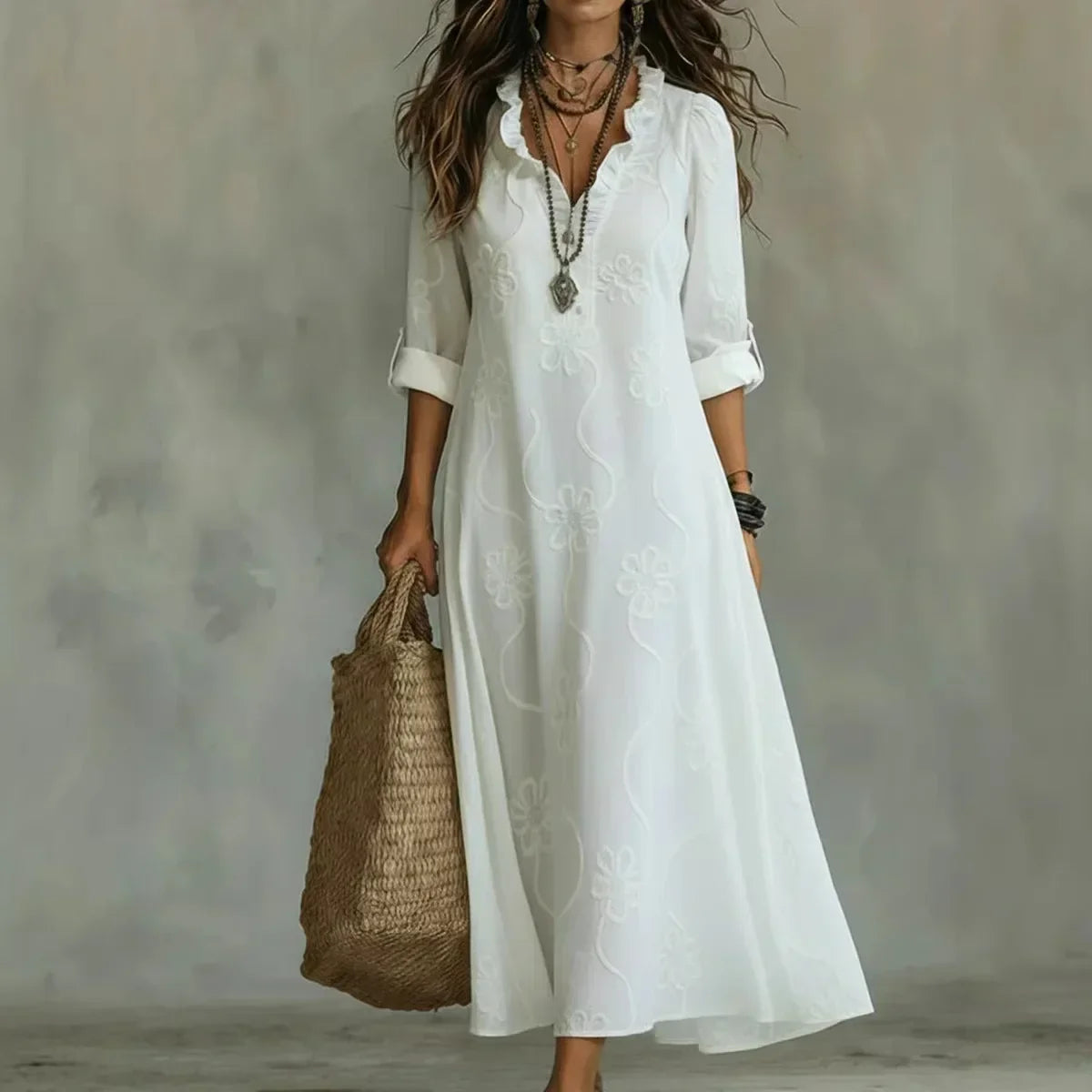 Women's Floral Roll Sleeve Shirt Dress – Relaxed Flowy Day Dress