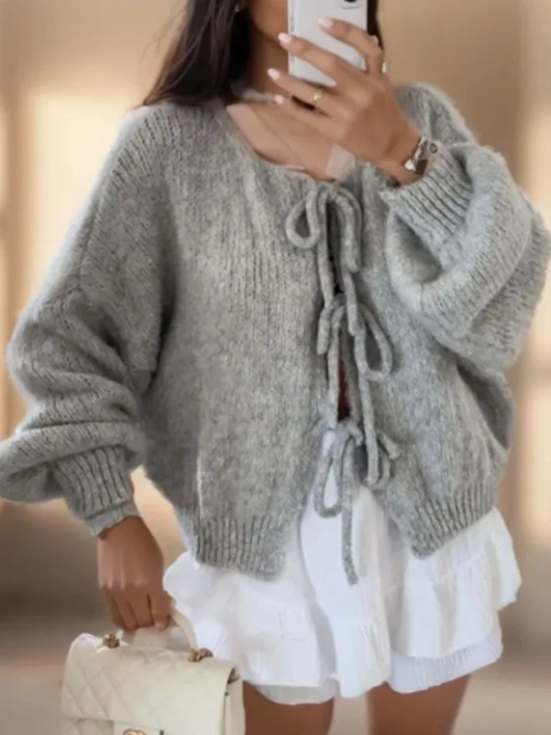 Women's Boho Tie Cardigan – Bow Front Wide Sleeve Cardigan