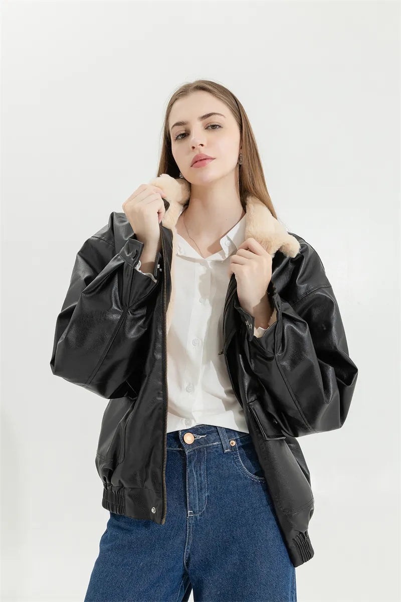 Women's Oversized Faux Leather Jacket – Fleece Lined Winter Jacket