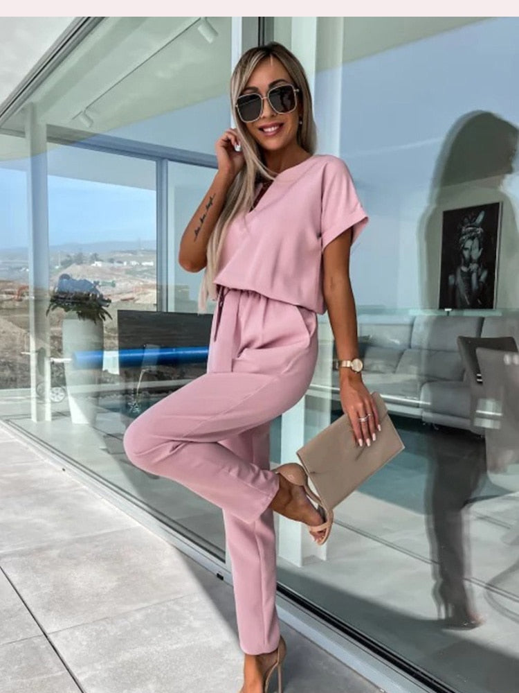 Women's Tie Waist Jumpsuit – Short Sleeve Round Neck Wide Leg Jumpsuit