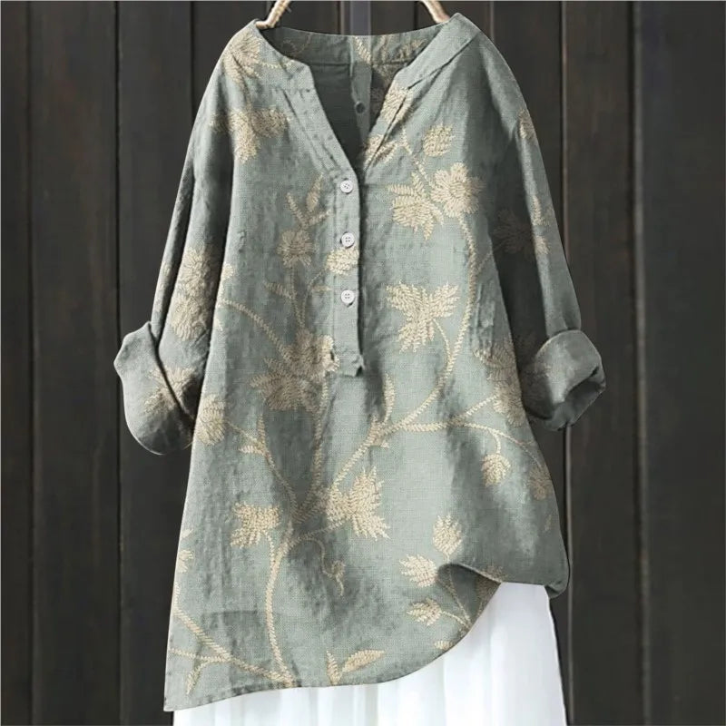 Women's Floral Blouse with V Neckline and Relaxed Fit
