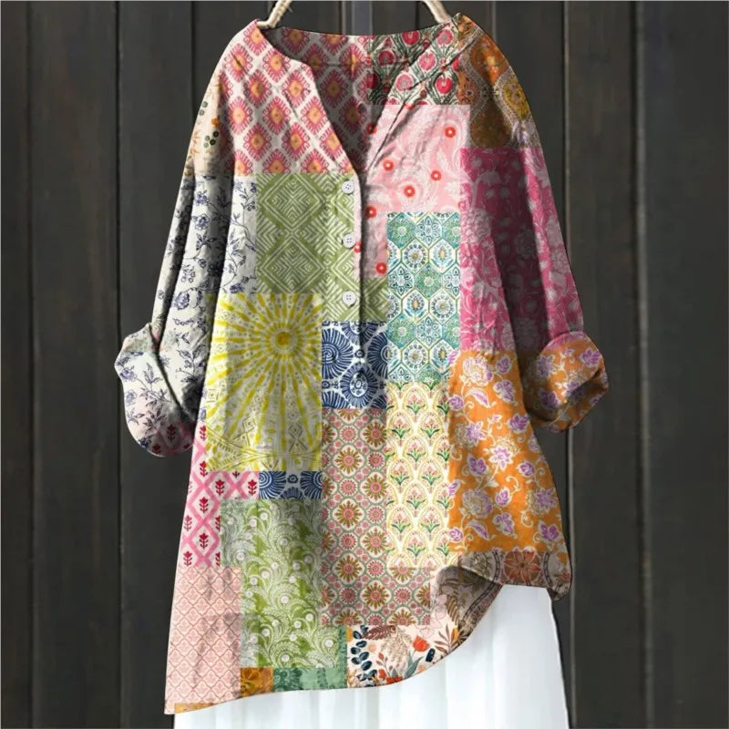 Women's Floral Blouse with V Neckline and Relaxed Fit