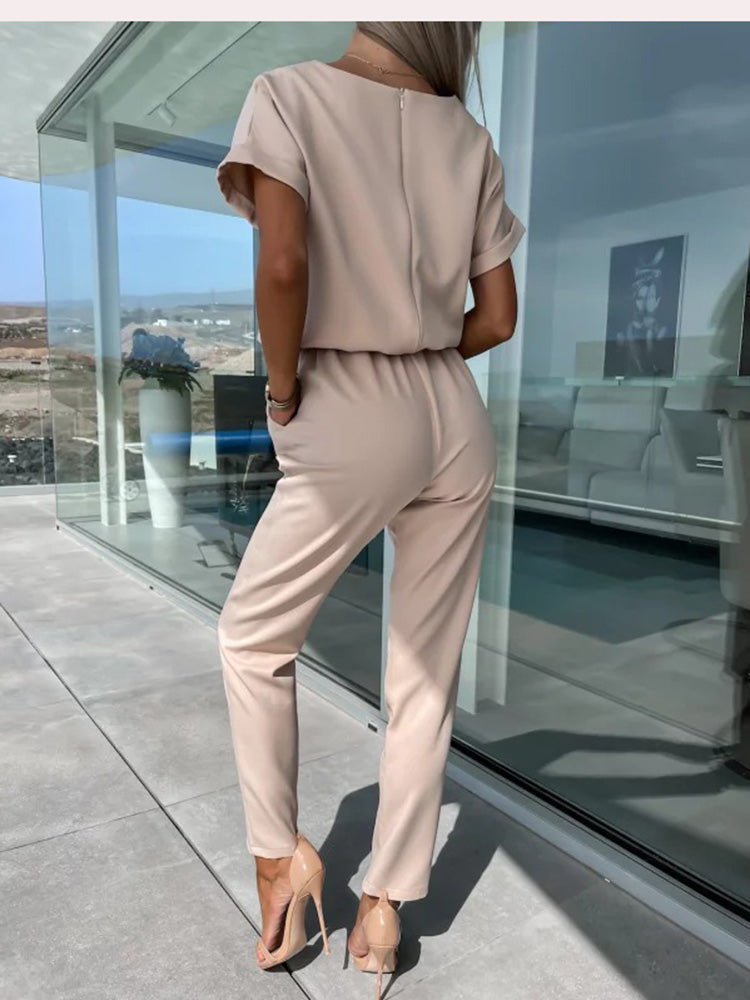Women's Tie Waist Jumpsuit – Short Sleeve Round Neck Wide Leg Jumpsuit