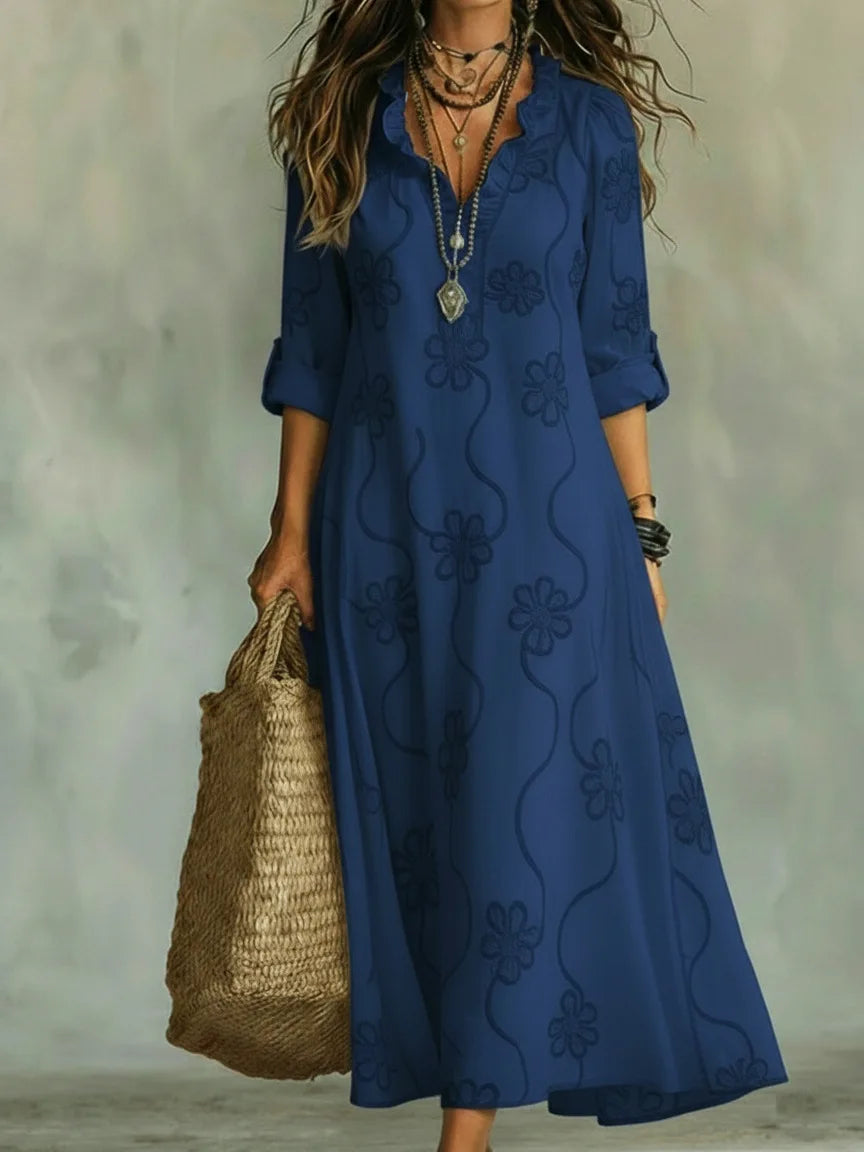 Women's Floral Roll Sleeve Shirt Dress – Relaxed Flowy Day Dress