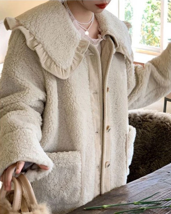 Women's Plush Ruffle Collar Coat – Relaxed Winter Jacket