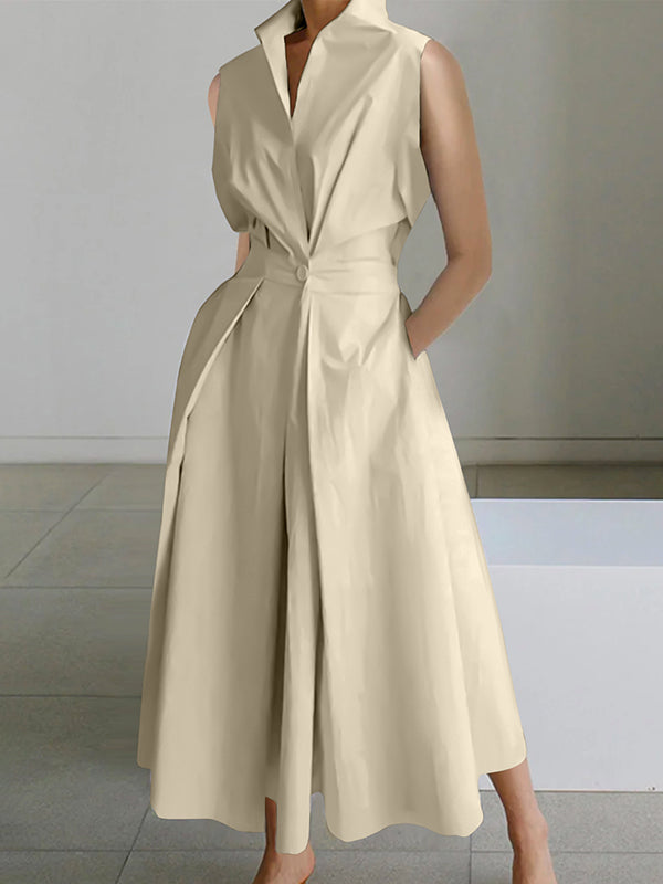 Women's Collared Shirt Dress – White Button Front Midi Dress