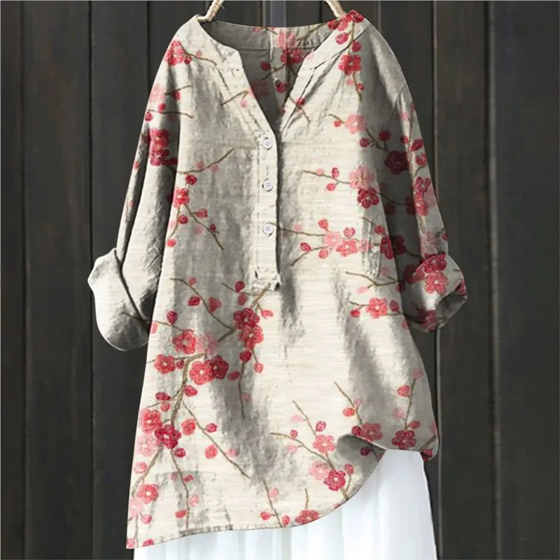 Women's Floral Blouse with V Neckline and Relaxed Fit