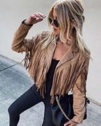 Women's Fringe Suede Jacket – Tassel Hem Biker Jacket