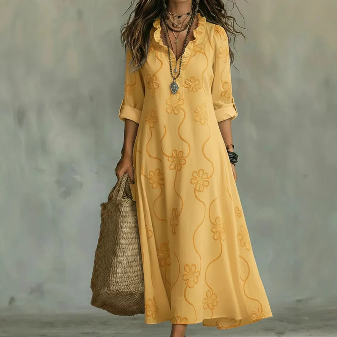 Women's Floral Roll Sleeve Shirt Dress – Relaxed Flowy Day Dress
