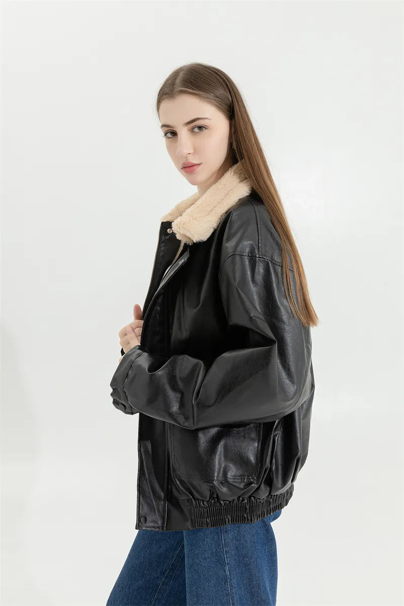 Women's Oversized Faux Leather Jacket – Fleece Lined Winter Jacket